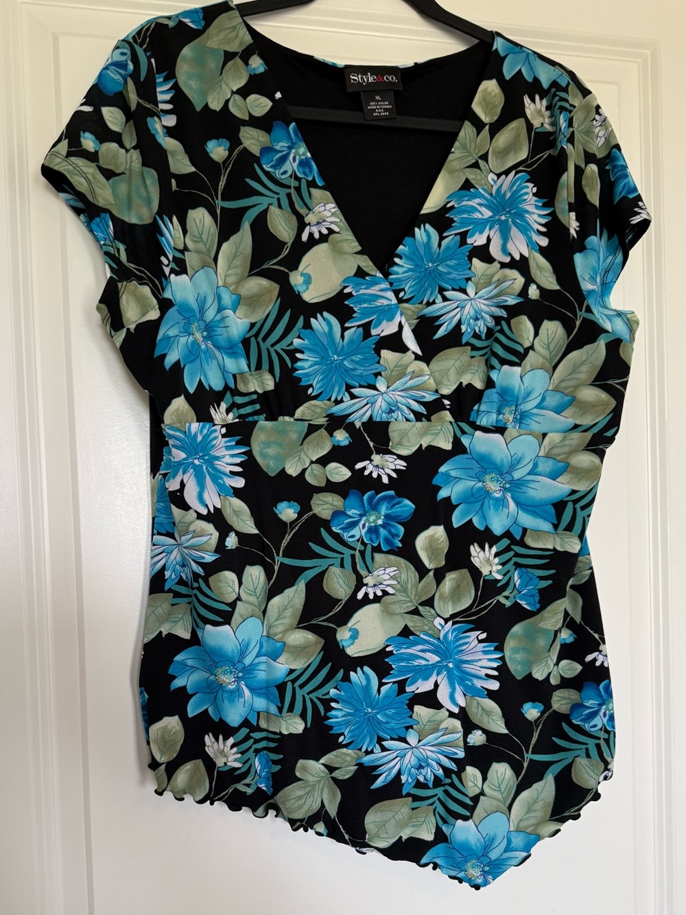 Style & Co. Black Floral V-Neck Top with Blue and Green Print